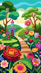 Fototapeta premium Vector art of a winding garden path leads to a quaint cottage, surrounded by an abundance of vibrant flowers and lush green trees