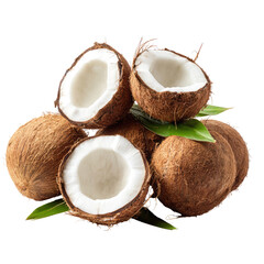 Pile of coconuts, some halved, with leaves