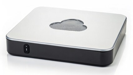 A sleek, modern external hard drive with a metallic silver top and black base, featuring a circular design in the center and a power button on the front.