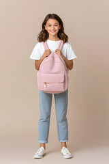 Full body photo of smiling girl with pink backpack standing indoors. Stylish kids’ portrait ideal for school campaigns, education ads, and child lifestyle visuals.
