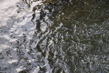 The dynamic texture of flowing water, with rippling waves and shimmering reflections creating a...