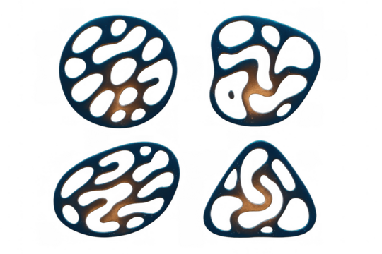 Metallic blue-gold abstract forms featuring organic patterns, presenting sleek futuristic geometric design against transparent backdrop