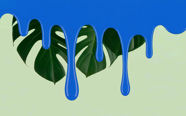 Trendy Pop Art collage made from blue paint which is dripping, Glossy blue paint flows over yellow background