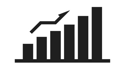 Minimalist black bar chart icon with upward arrow, growth statistics symbol, isolated on white background, flat vector style