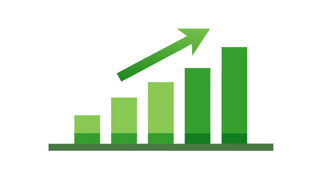 Minimalist green bar chart icon with upward arrow, growth statistics symbol, isolated on white background, flat vector style