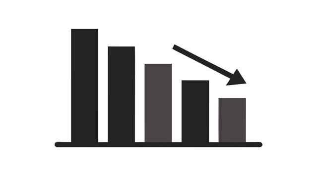 Minimalist black bar chart icon with down arrow, growth statistics symbol, isolated on white background, flat vector style