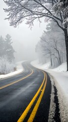 Fototapeta premium An empty winding asphalt road with bright yellow lines cuts through a peaceful snowy forest in deep winter fog.