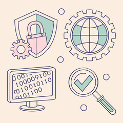 A digital security system with a shield, globe, and magnifying glass