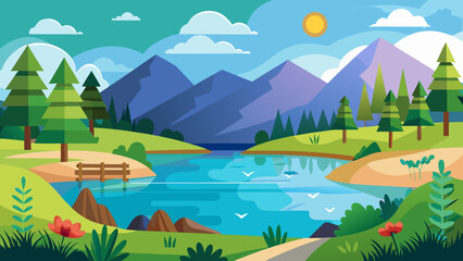 Obraz premium Vector art of a vibrant mountain lake scene with a clear blue sky, fluffy clouds, and lush green hills