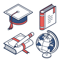 Isometric graduation cap, book, globe, and diploma isolated on white background