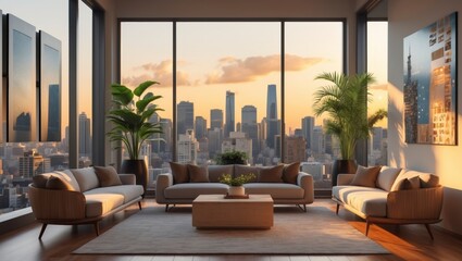 Cozy minimalist living space with breathtaking city views in high fidelity, offe a peaceful escape above the urban landscape at sunset.