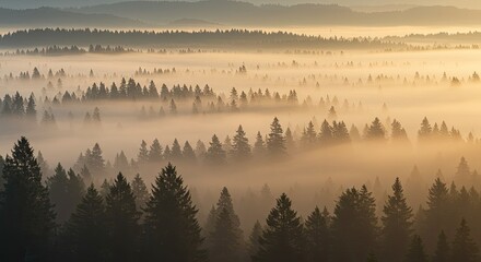 Ethereal forest landscape with fog rolling over evergreen treetops at dawn