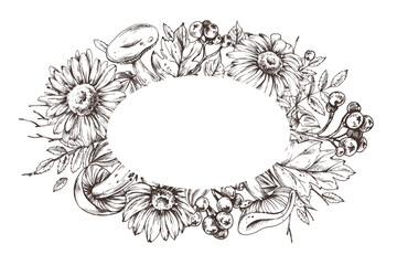 Oval autumn wreath composed of mushrooms, flowers, leaves, and berries. Hand drawn illustration in detailed line art style, perfect for rustic and vintage-inspired seasonal designs.