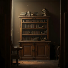 A vintage wooden bookcase, overflowing with books, stands in a dimly lit room, seen through a doorway.