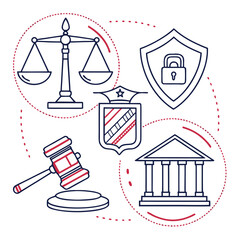 Legal icons depicting justice, law, and security in a modern design