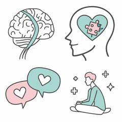 Illustrations representing mental health, love, and meditation