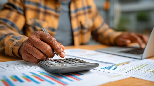 Person wearing a plaid shirt uses a calculator and laptop to analyze financial charts and documents