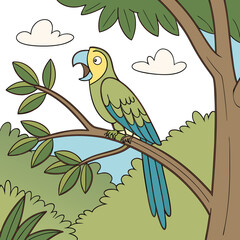 Tropical Parrot Vector Image – Vibrant Bird on Branch Graphic Design

