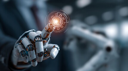 Advanced robotic hand interacts with glowing digital energy sphere in futuristic setting