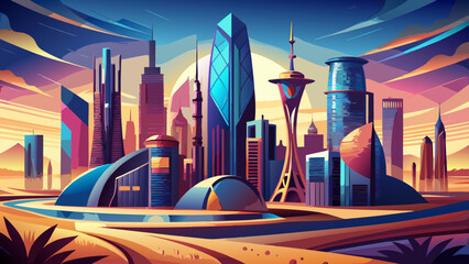 Doha, Qatar – Gleaming towers and desert dunes frame a city of innovation and tradition. A futuristic skyline ideal for sleek, modern vector work.