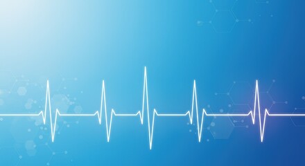 Abstract blue background with glowing neon heartbeat line