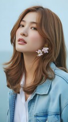 A polished, fashion magazine-style portrait of a beautiful Korean woman captured from the chest up, 