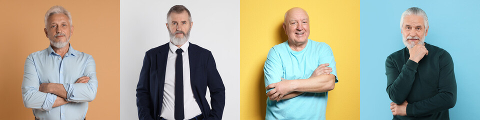 Senior men on different colors backgrounds, set of portraits