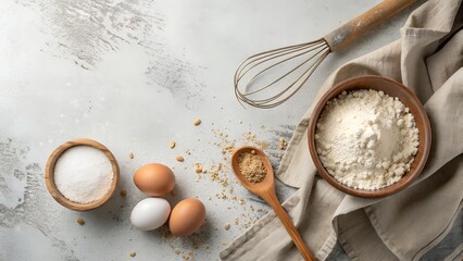 Fresh baking ingredients including flour, sugar, and eggs are neatly arranged with a whisk and cloth on a light surface, ready for homemade cooking.