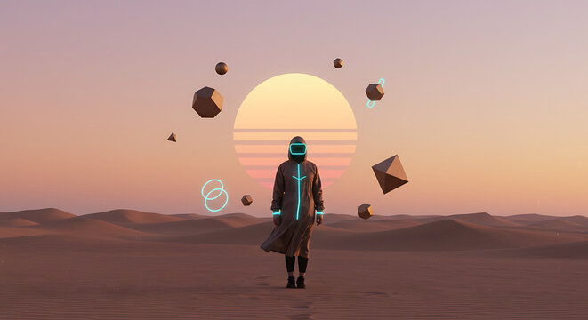 Person in Futuristic Desert Landscape with Abstract Geometric Shapes and Neon Lights