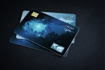 Many credit cards on black table, closeup