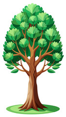Vector art of a healthy green tree with abundant leaves and a strong trunk, standing on a patch of grass, isolated on white