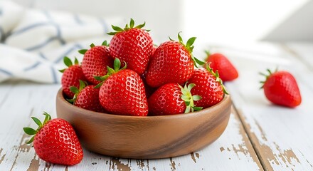 Fresh Strawberries in Wooden Bowl on White Surface &ndash; Rustic Simplicity and Natural Nutrition