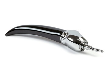 &bull;  A compact dental handpiece drill with a smooth curved shape and chrome detailing, resting cleanly on white