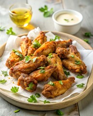 Fototapeta premium Photo of a generous serving of crispy fried chicken wings, garnished with fresh parsley, is arranged on a wooden plate with a side of creamy dip, creating an inviting and delicious appetizer spread