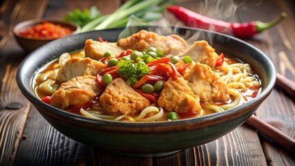 Photo of a steaming bowl of savory chicken noodle soup with tender chicken pieces, vegetables, and noodles, garnished with fresh parsley, on a wooden table