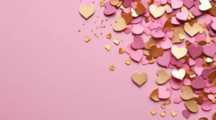 Scattered pink, gold, and copper heart confetti on pastel pink background, perfect for Valentine’s Day, celebration or romantic design themes.