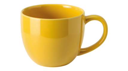 Cheerful yellow mug with handle for hot beverages like coffee or tea, isolated on a transparent field