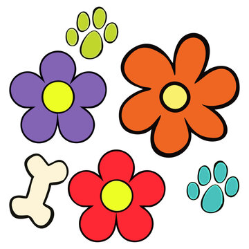Retro Flower and Pet Icons with Cartoon Style in Bold Groovy Colors
