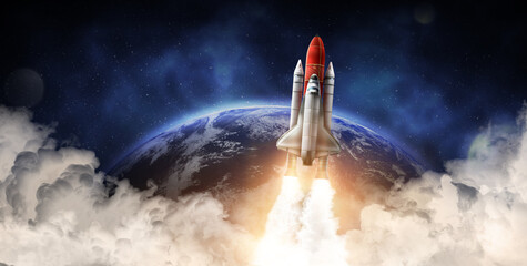 Rocket in space on orbit of planet, banner design