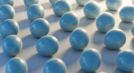 Array of Light Blue Spheres with Subtle Texture and Soft Shadows.