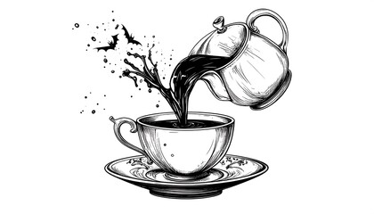 Intricate Ink Drawing of a Teapot Pouring Dark Liquid into an Ornate Teacup on a Saucer with Stylized Bats and Splashes