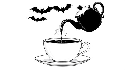 Black teapot pouring dark liquid into a white teacup on a saucer three bats flying above isolated on white background stylized illustration