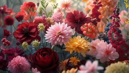 A beautiful, colorful flower bouquet with pink and purple blossoms and yellow gerberas in a summer garden