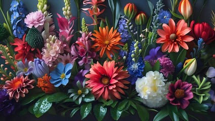A colorful bouquet of blooming spring flowers, showcasing the vibrant beauty of nature with pink, purple, yellow, and red petals