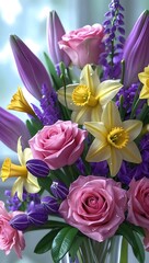 A vibrant spring bouquet bursts with colorful tulips, including delicate pink and white blooms, embodying the beauty of nature's floral gift