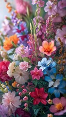 A vibrant bouquet of spring flowers, featuring pink, purple, and white blossoms, radiates natural beauty. It is perfect for a mobile background.