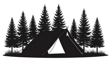 Obraz premium Silhouetted camping scene featuring a pitched tent nestled amongst a grove of evergreen trees set against a stark white background creating a dramatic contrast
