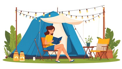 Serene Camping Scene Woman Relaxing in a Blue Tent Under String Lights Reading a Book Enjoying Natures Tranquility