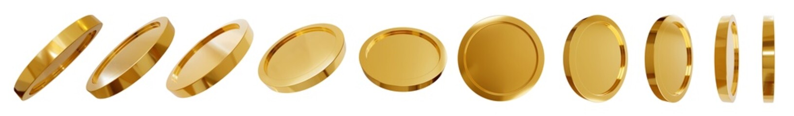 Spinning Golden Coin - Rotate Golden Coin at Different Angles Isolated On White. 3d rendering. 3D golden coins. Realistic blank yellow brass or gold coin different views. Payment and investment, bank