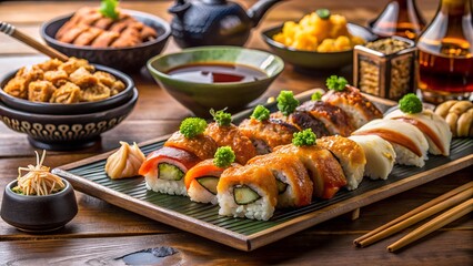 Photo of a beautifully arranged platter of assorted sushi rolls and nigiri, garnished with fresh green herbs, served with soy sauce and pickled ginger